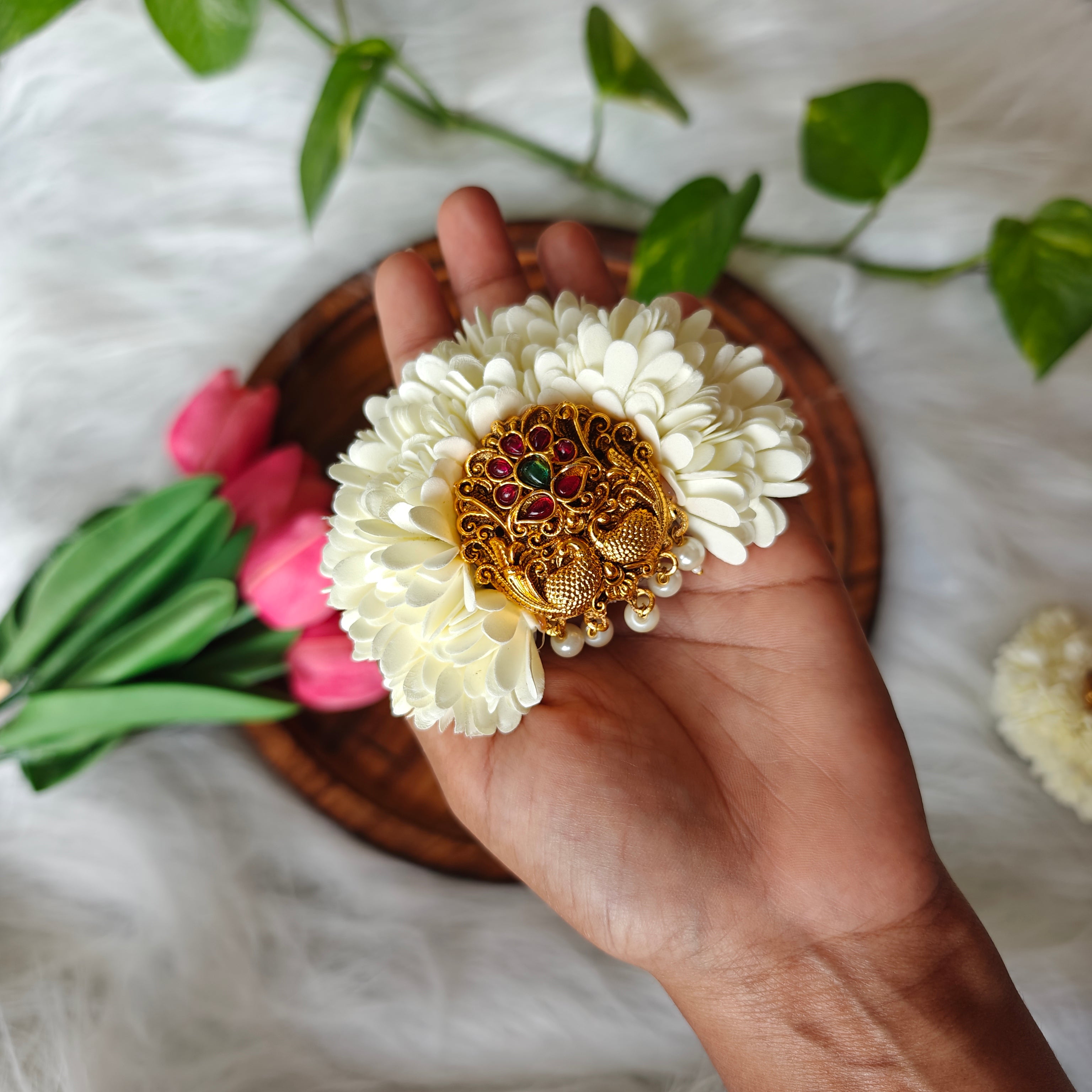 Handcrafted Mullai poo Hair Clip with Antique peacock Centerpiece