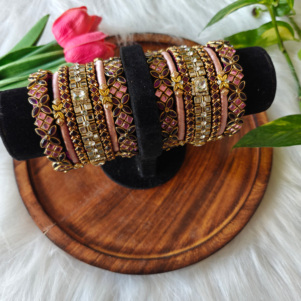Handcrafted Designer Silk Thread Bangle Set – Baby Pink & Purple