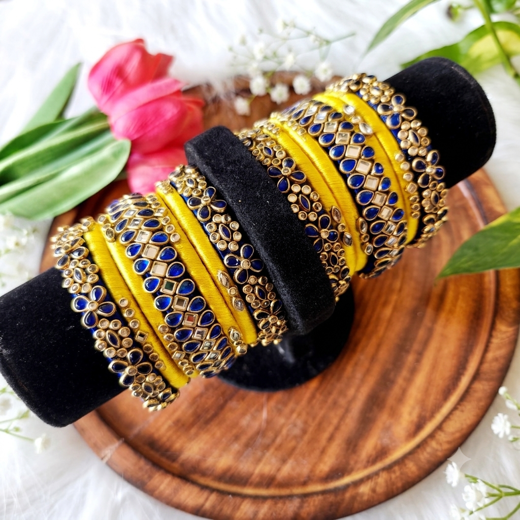 Customized blue and yellow bridal bangles