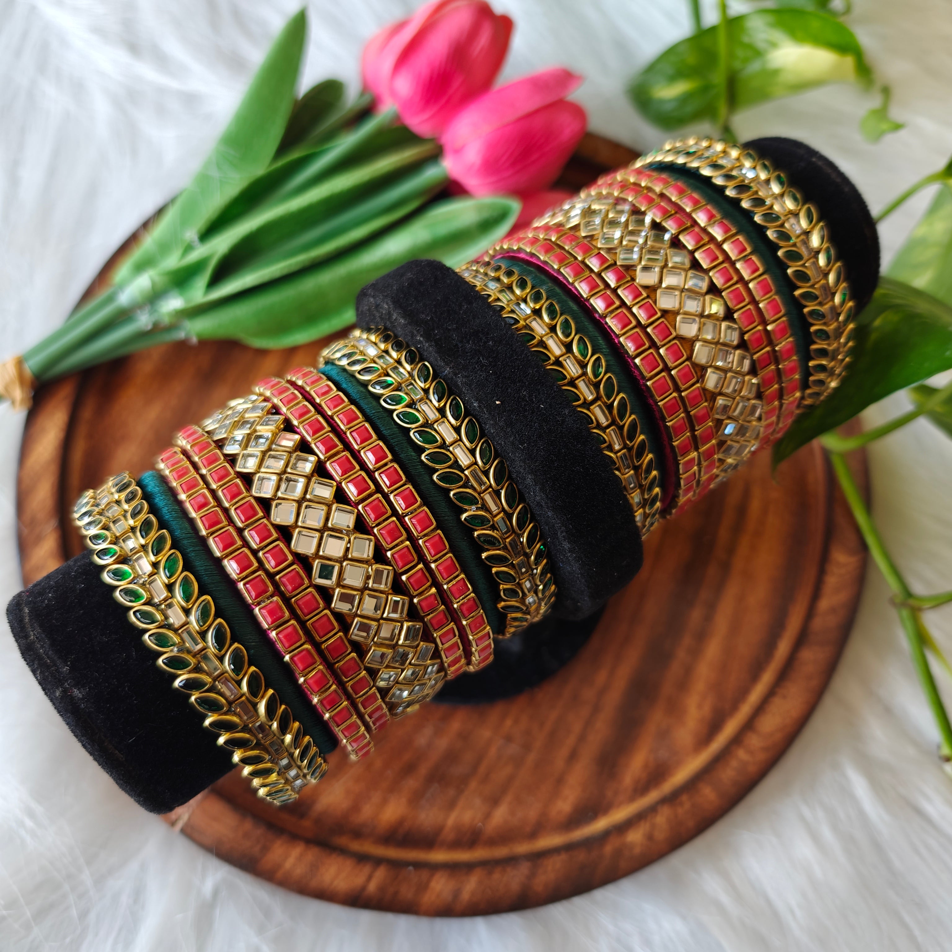 Handcrafted Bridal Silk Thread Bangle Set – Emerald Green & maroon