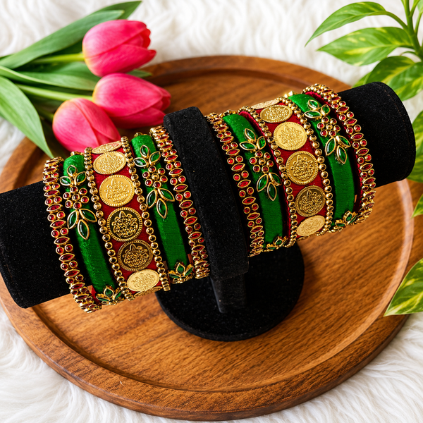 Silk Thread Bangle Set – Green & Red with Lakshmi Coins