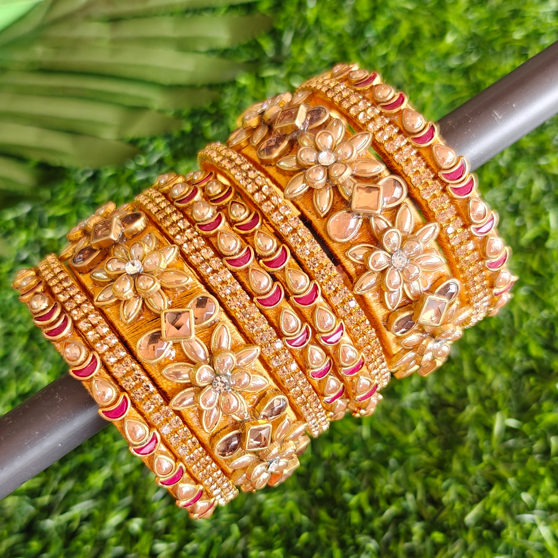 Handcrafted Gold Floral Bridal Silk Thread Bangle Set | Traditional Wedding Bangles