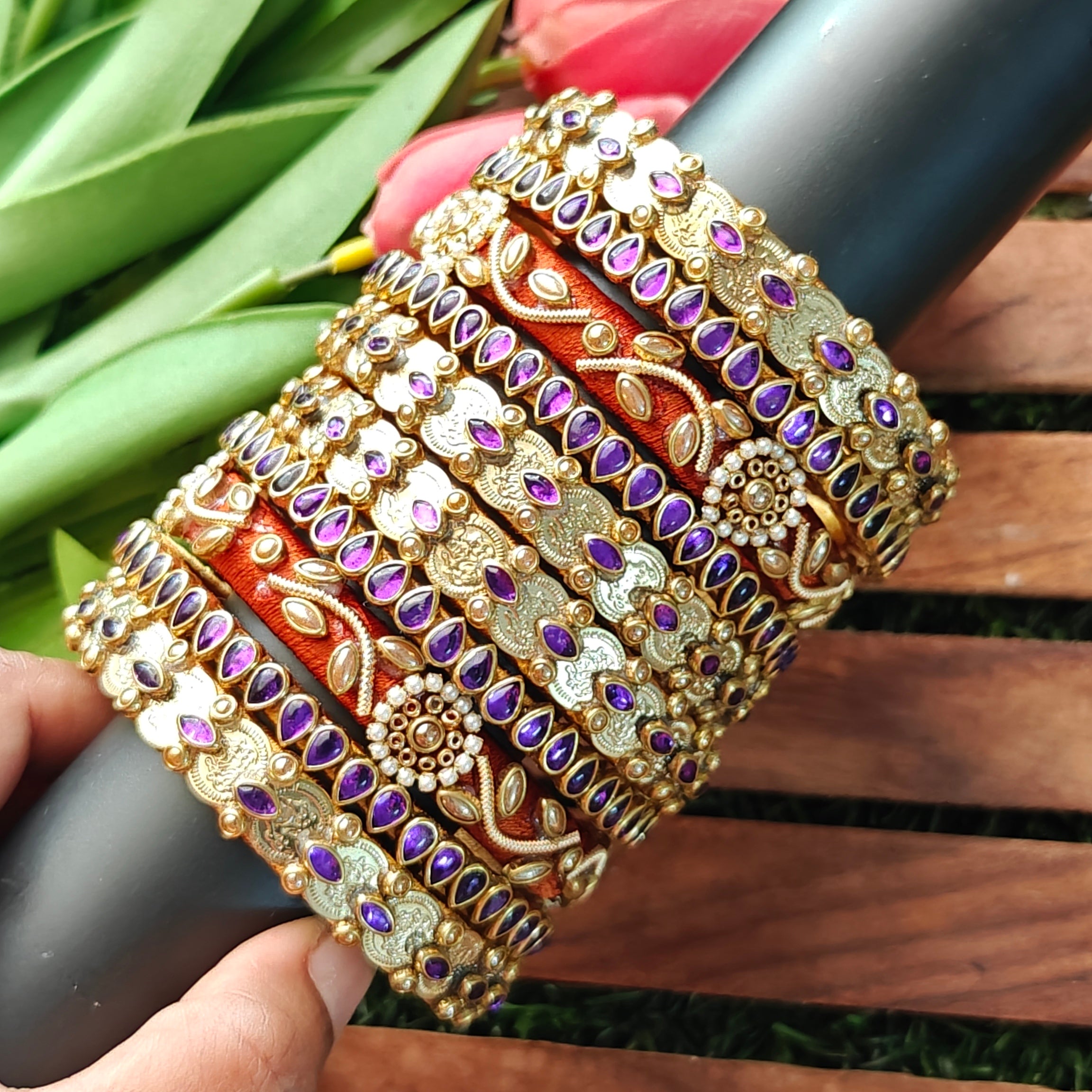 Handcrafted Rust Orange & Royal Purple Bridal Silk Thread Bangle Set | Antique Gold Wedding Bangles