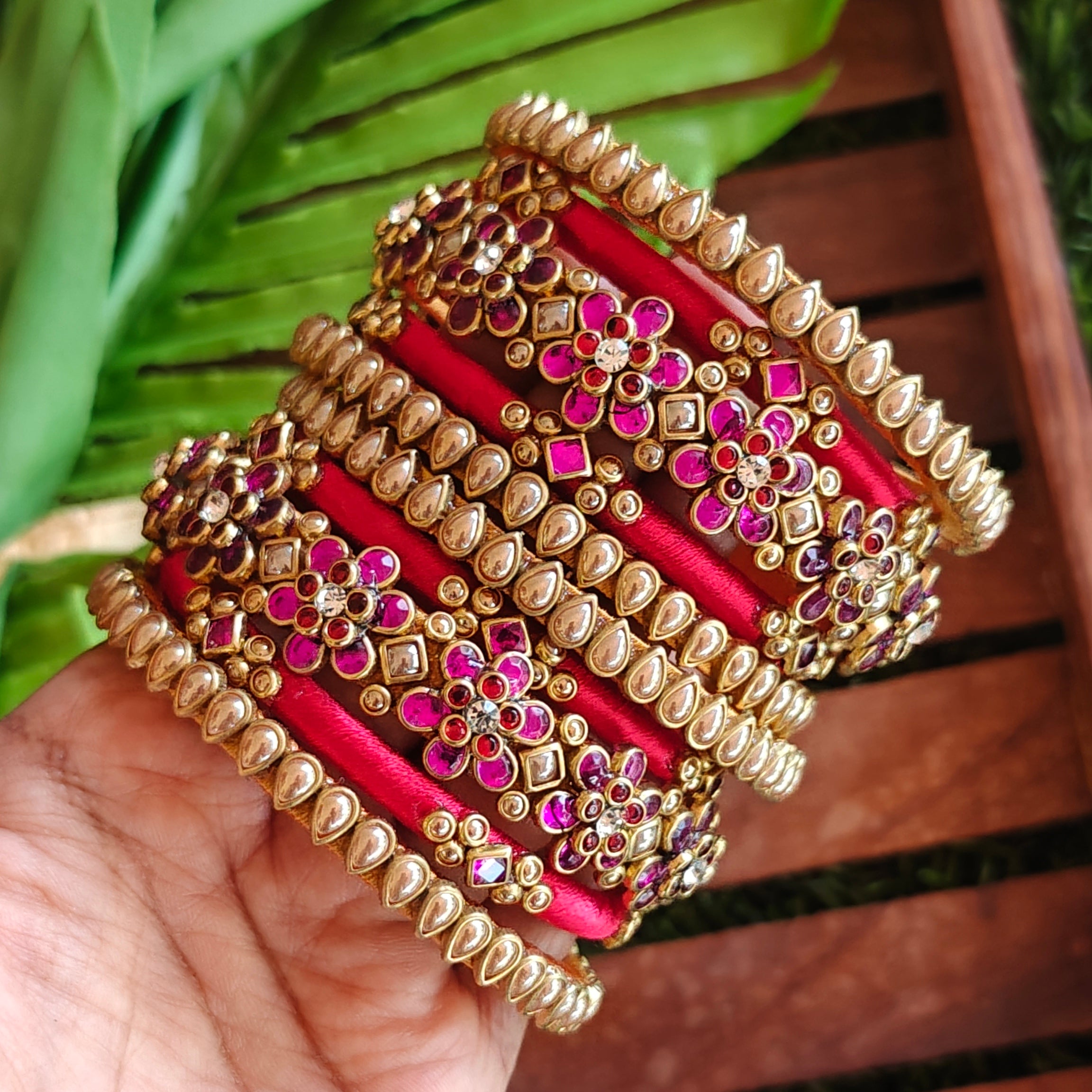 Handcrafted Rani pink Floral Bridal Silk Thread Bangle Set | Antique Gold Wedding Bangles