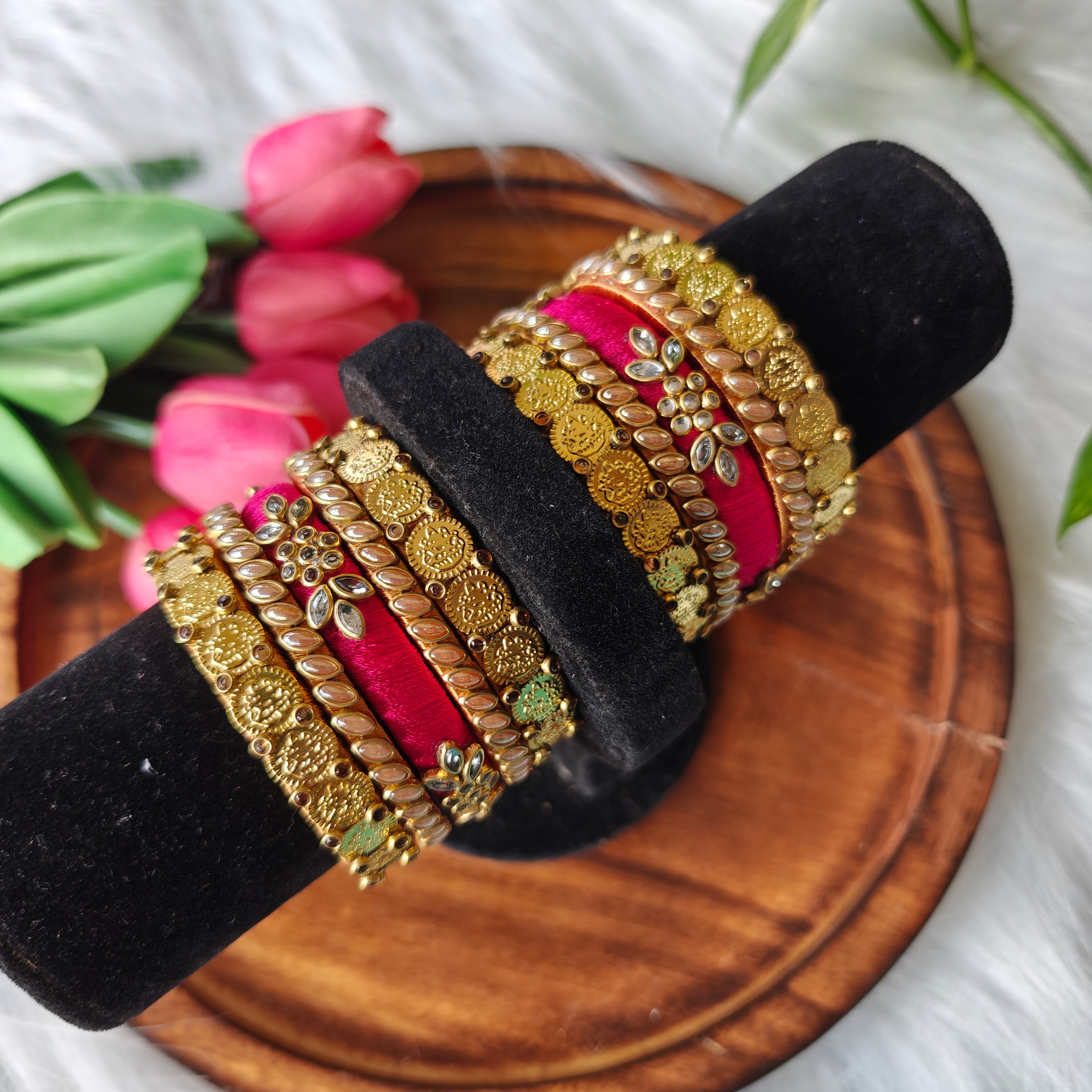 Handcrafted Bridal Silk Thread Bangle Set – Rani Pink & Antique Gold