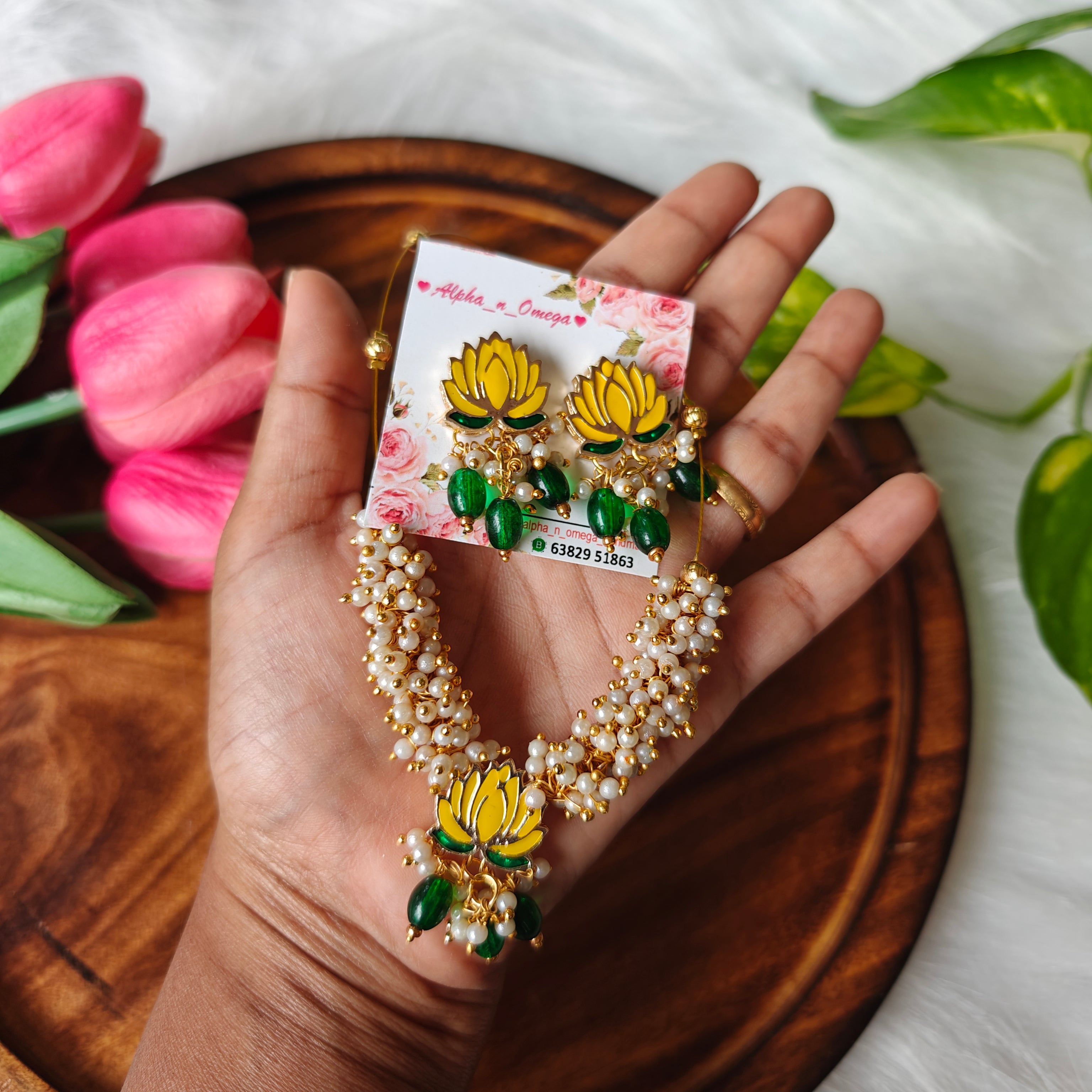 Handcrafted Lotus Pendant Chain Set