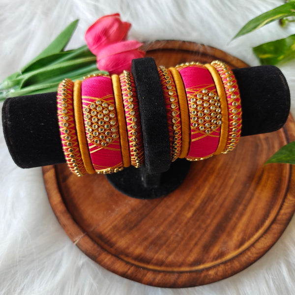 Handcrafted Silk Thread Bangle Set – Hot Pink and gold