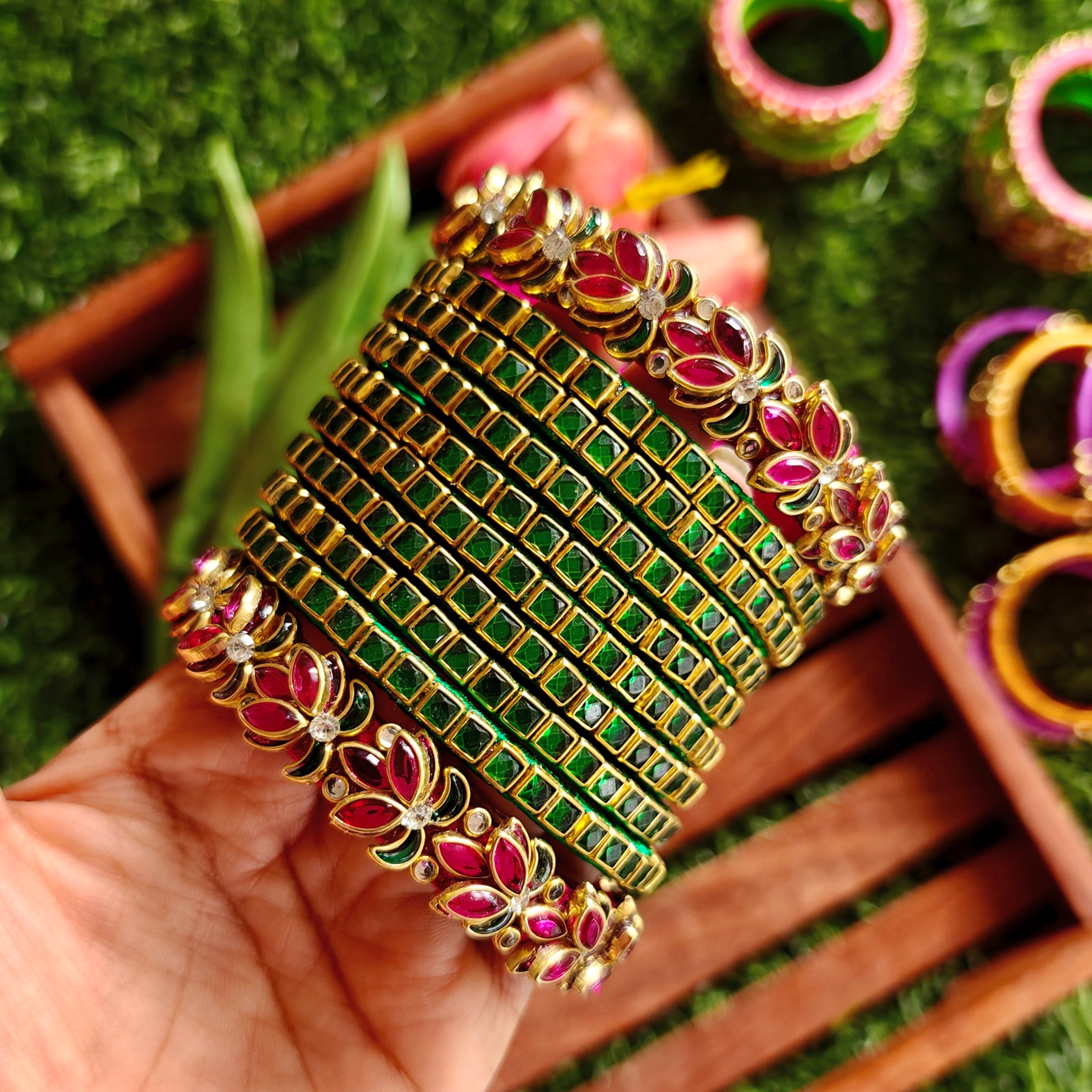 Bridal Silk Thread Bangle Set – Emerald Green & Ruby Pink Floral Design