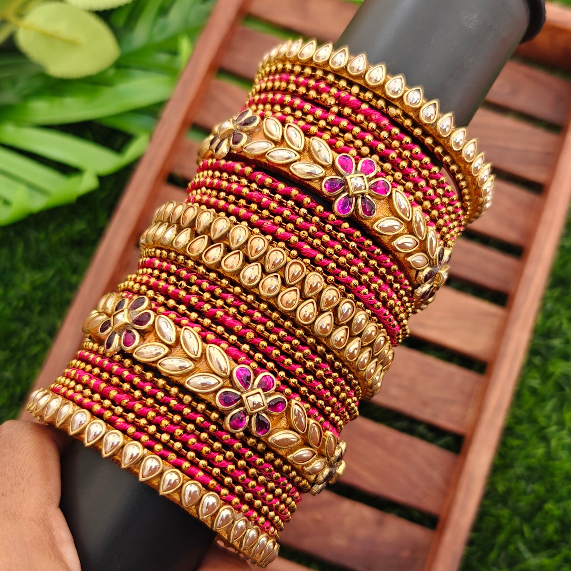 Premium Bridal Silk Thread Bangle Set – rani pink and gold bridal bangles set