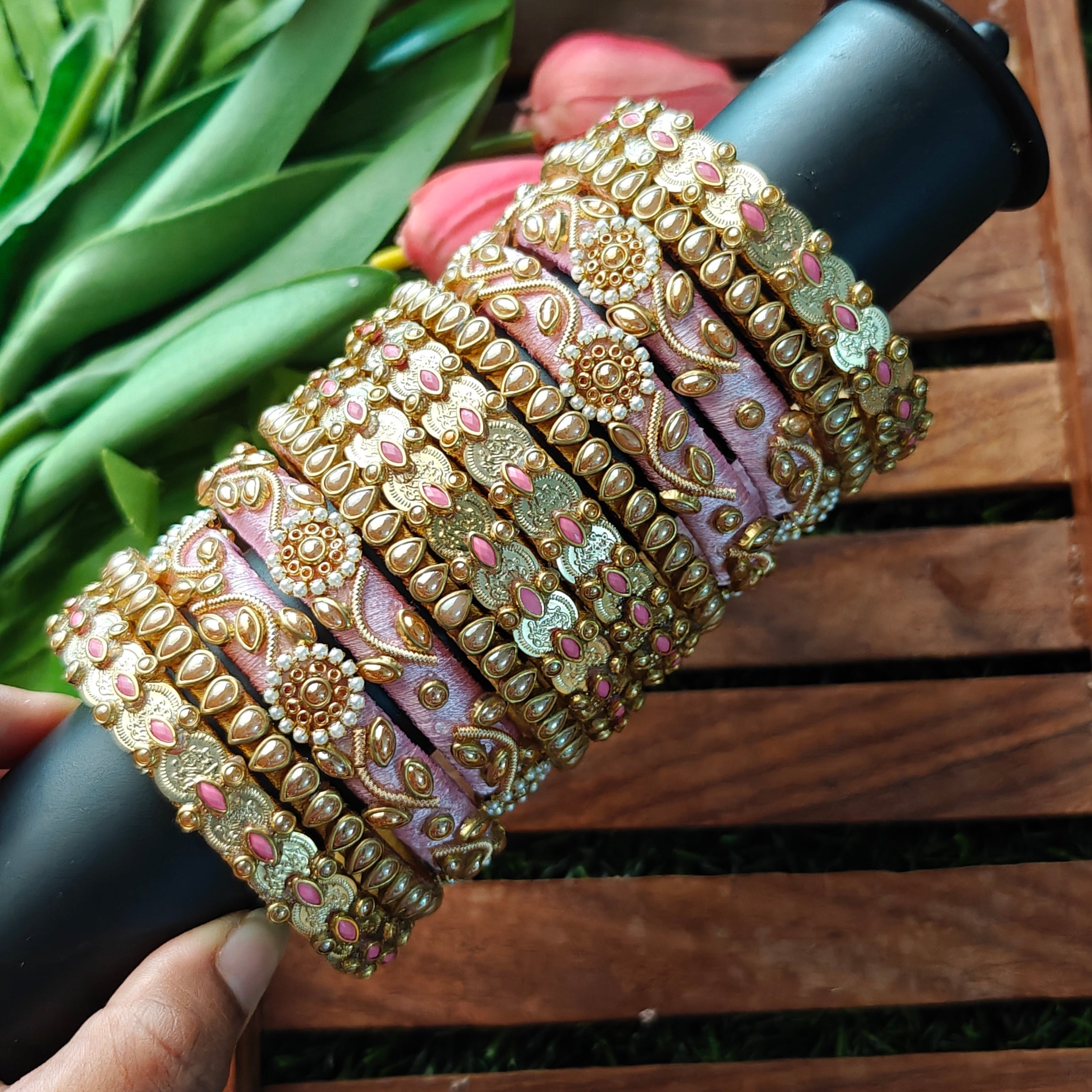 Handcrafted Blush Pink Bridal Silk Thread Bangle Set | Antique Gold Wedding Bangles