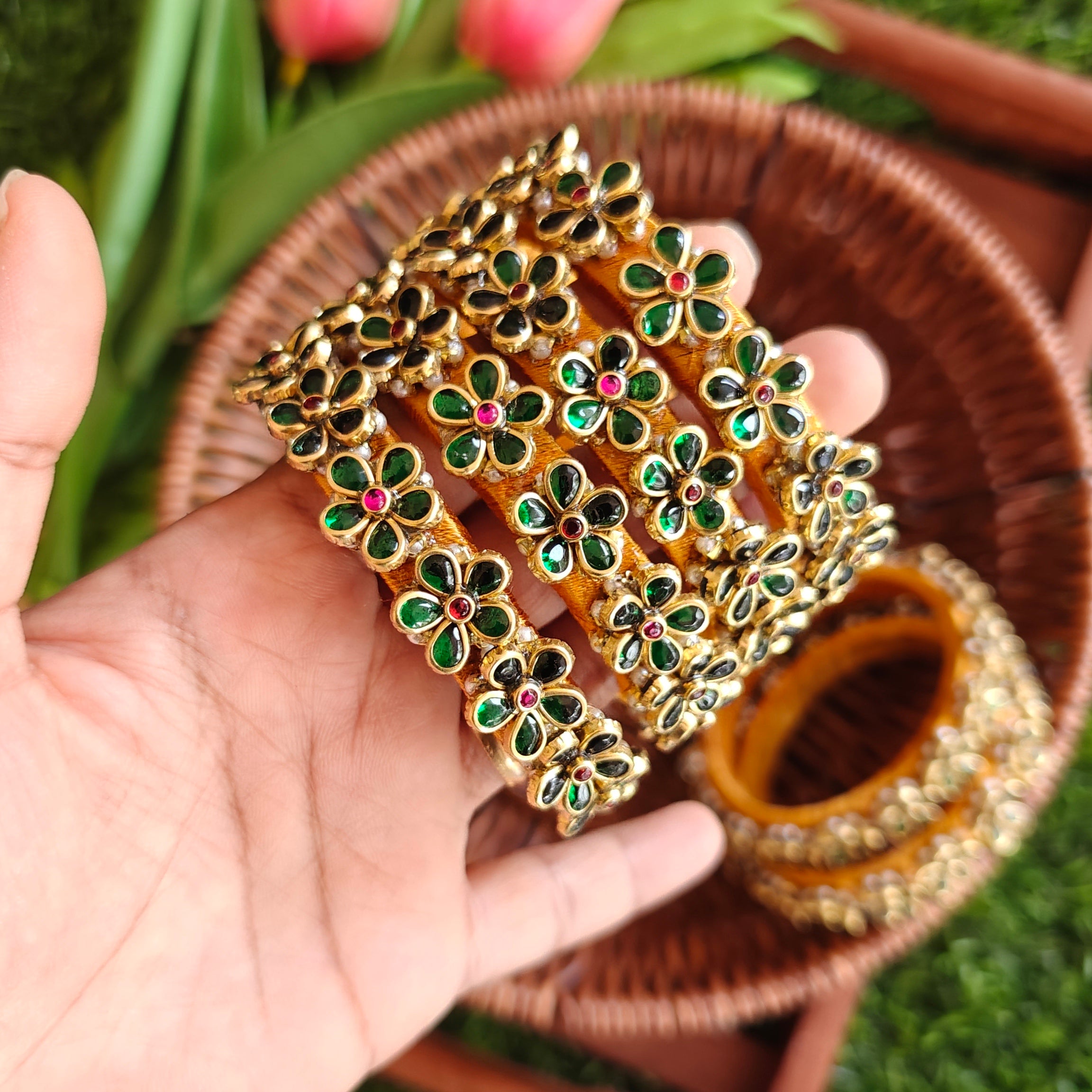 Handcrafted Emerald Green Bridal Silk Thread Bangle Set