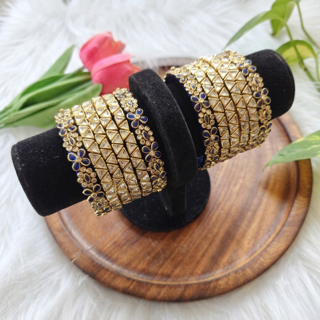 Customized blue and white heavy work kundan bridal bangles