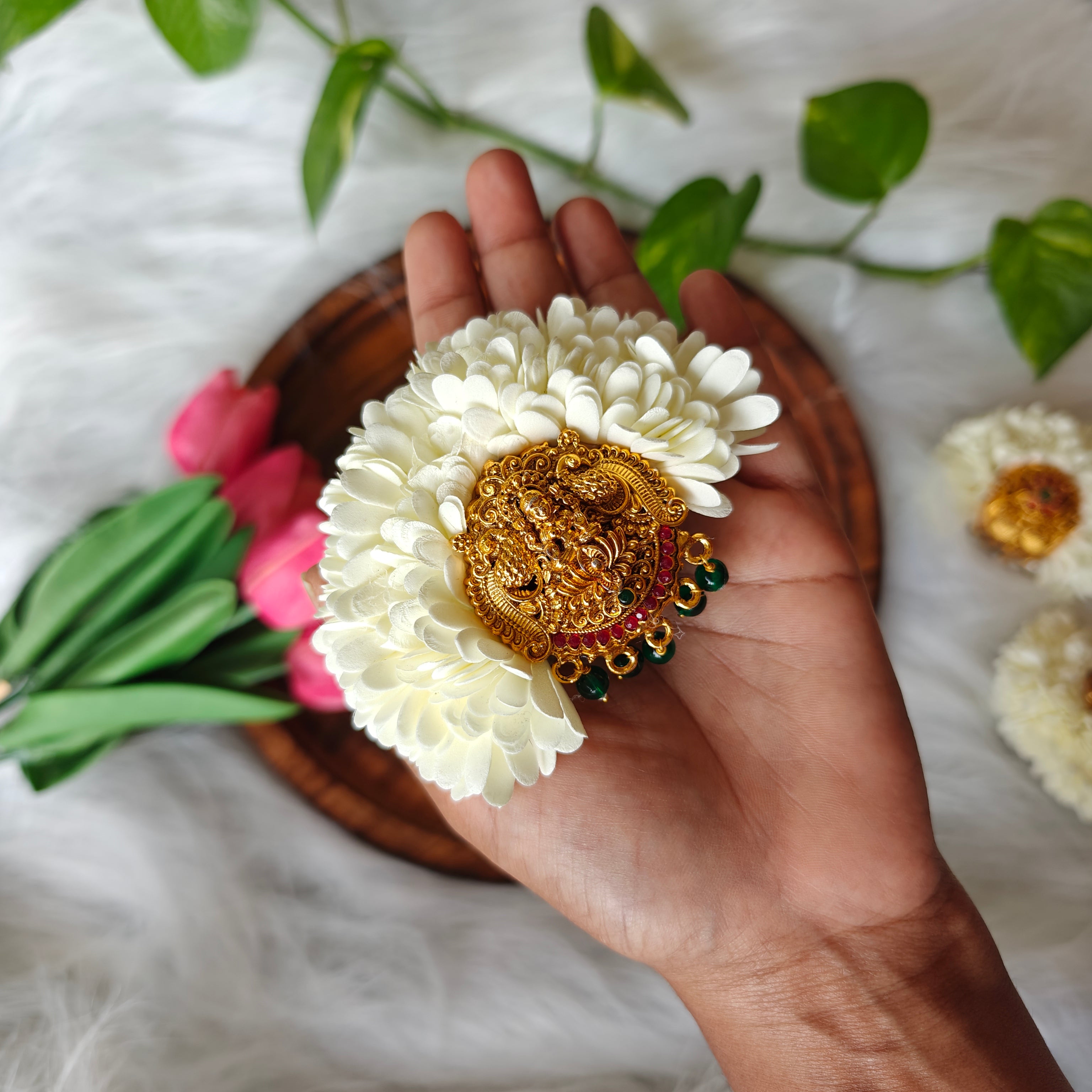Handcrafted Mullai Hair Clip with Antique Lakshmi Centerpiece
