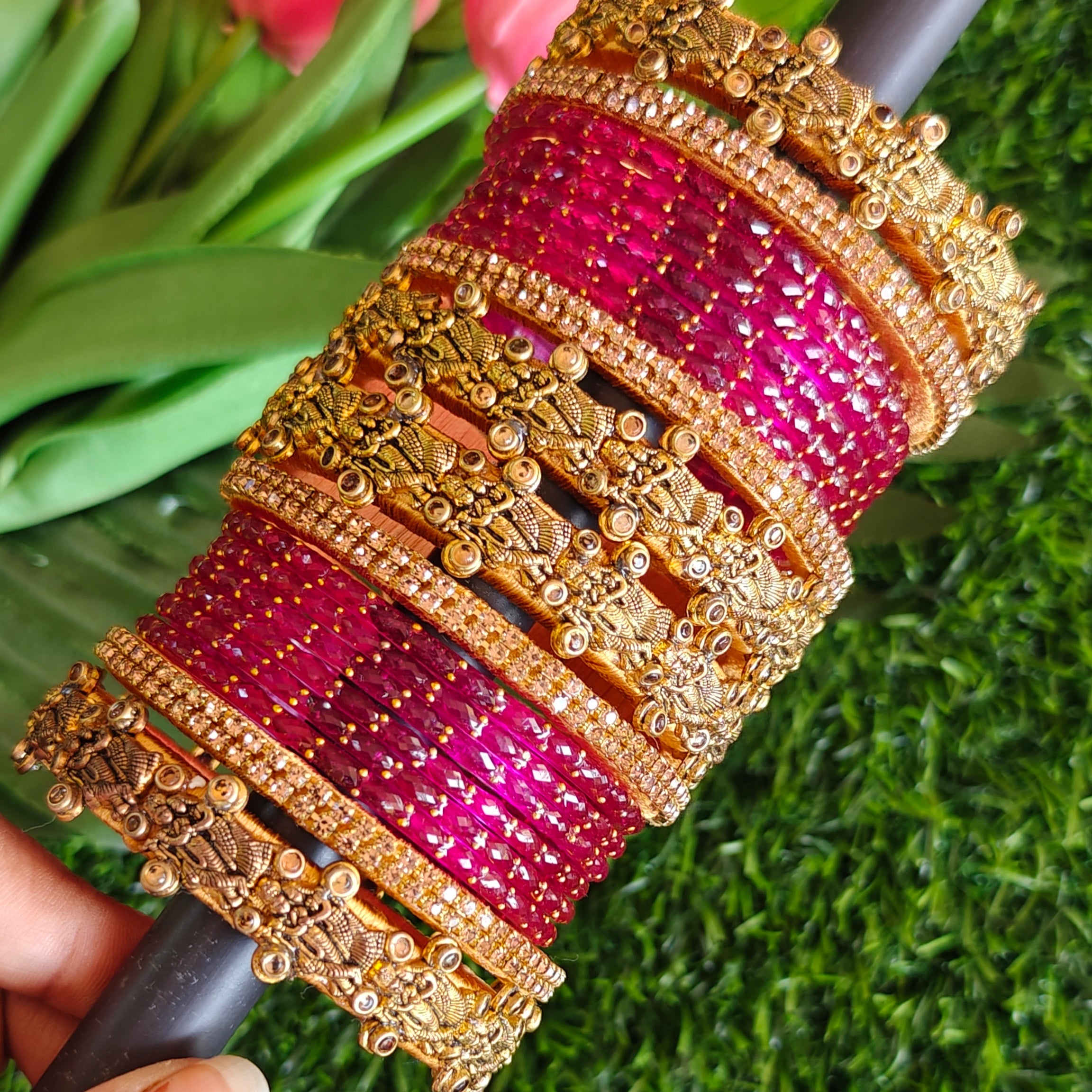 Handcrafted Radha Krishna Bridal Bangle Set –  Antique Gold | Traditional Wedding Bangles