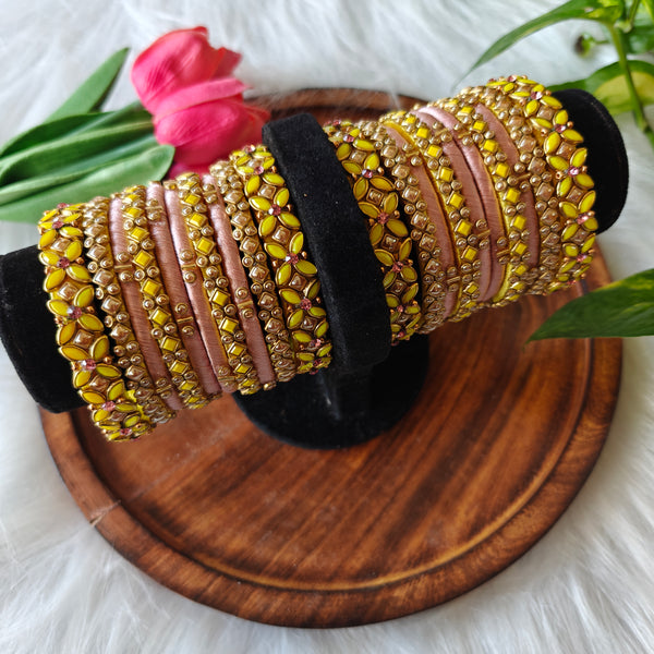 Handcrafted Designer Silk Thread Bangle Set – Yellow & Pink