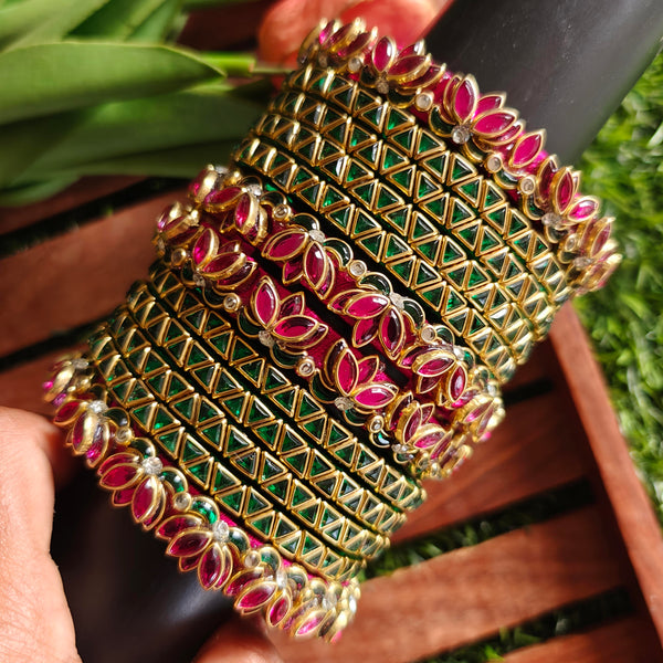 Rani pink and green lotus Kundan Bridal Bangle Set