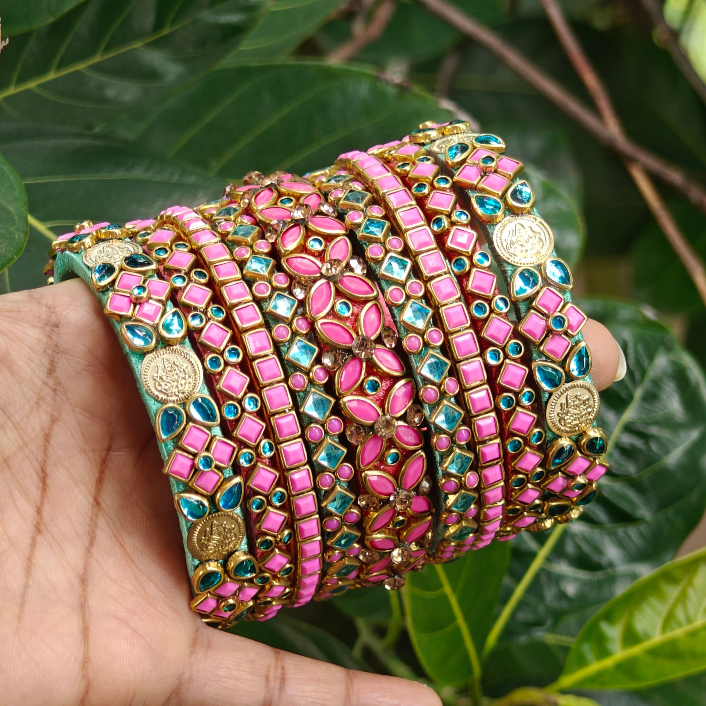 Handcrafted Aqua Blue & candy Pink Bridal Silk Thread Bangle Set
