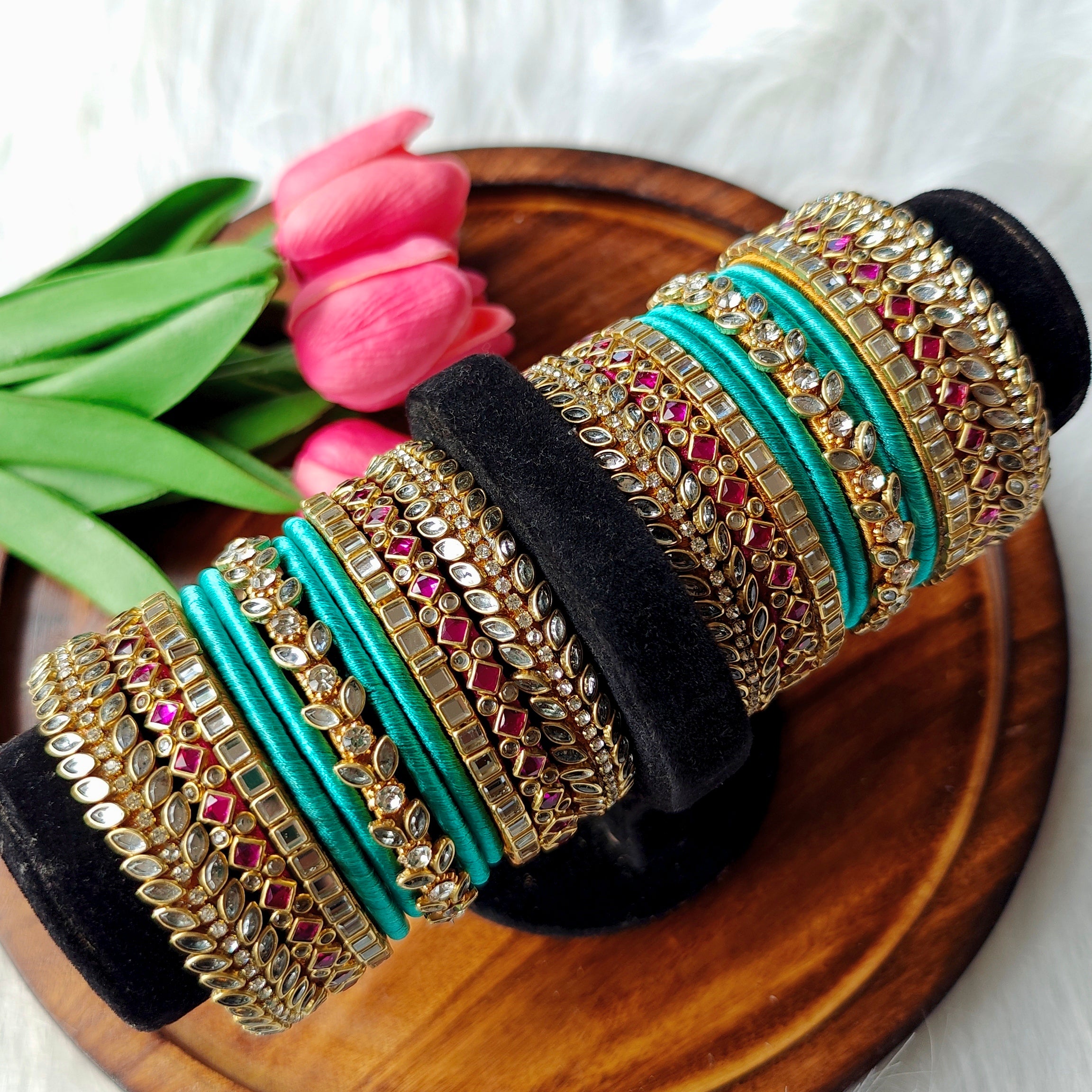 Premium Bridal Silk Thread Bangle Set – Rani pink and sky blue