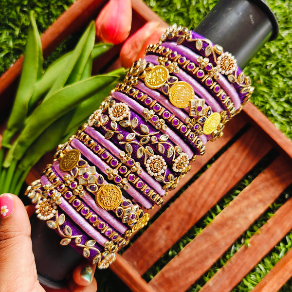 Royal Purple Bridal Silk Thread Bangle Set with Lakshmi Coins