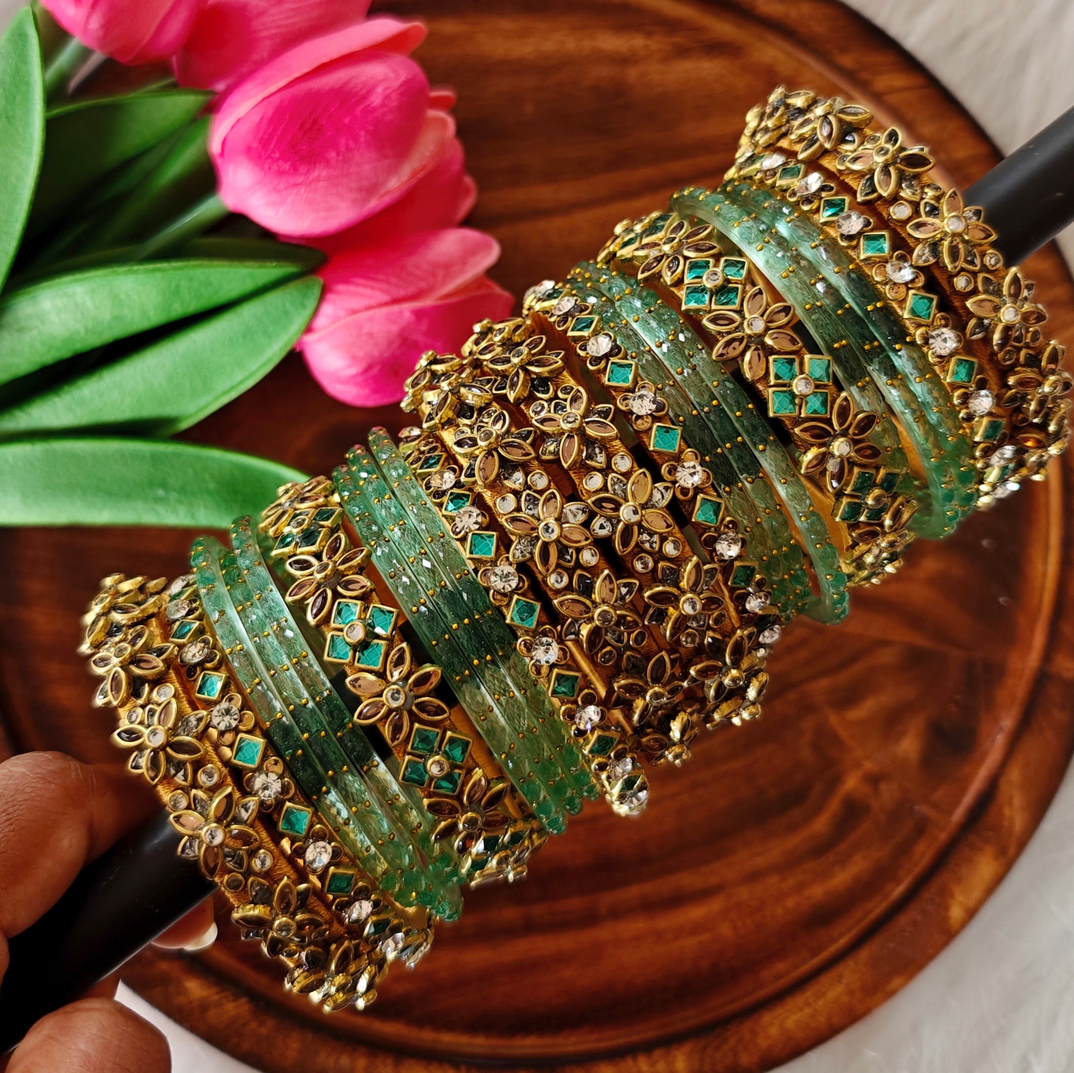 Premium 3D Bridal Silk Thread Bangle Set – Gold and sky blue