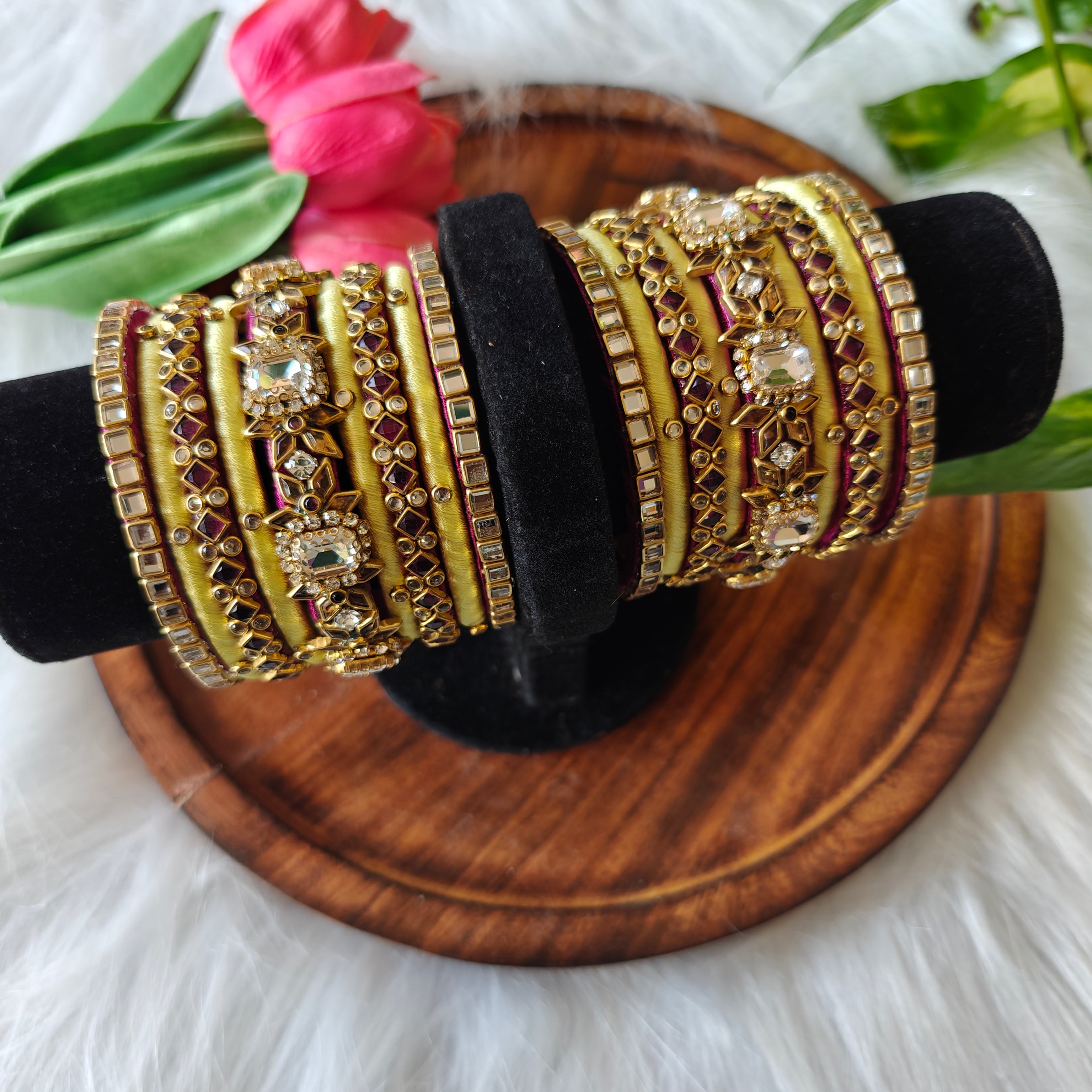 Bridal Silk Thread Bangle Set – purple & yellow