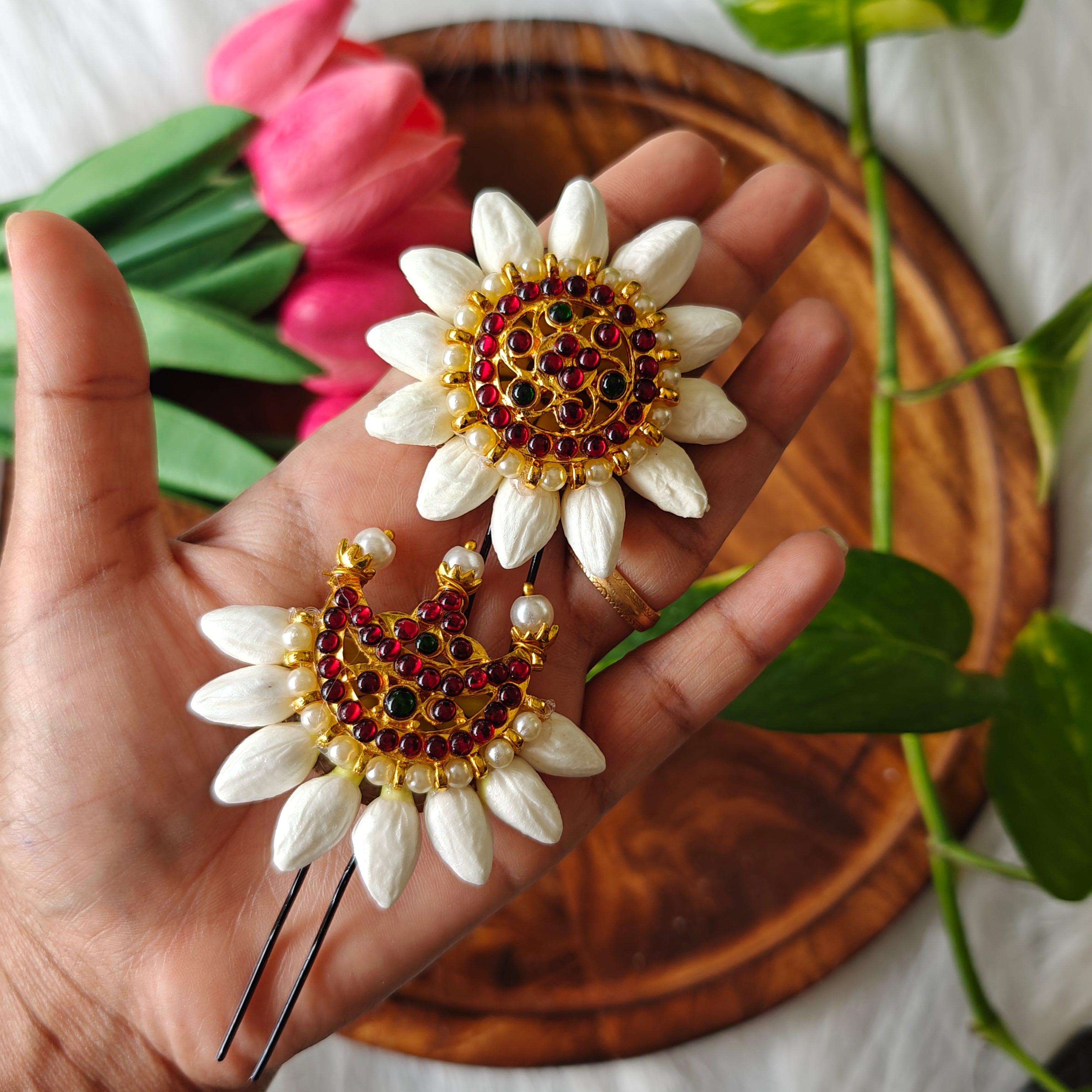 Handcrafted Malli Poo Hair Pin Set with Kemp & Chandrapirai Design Pair